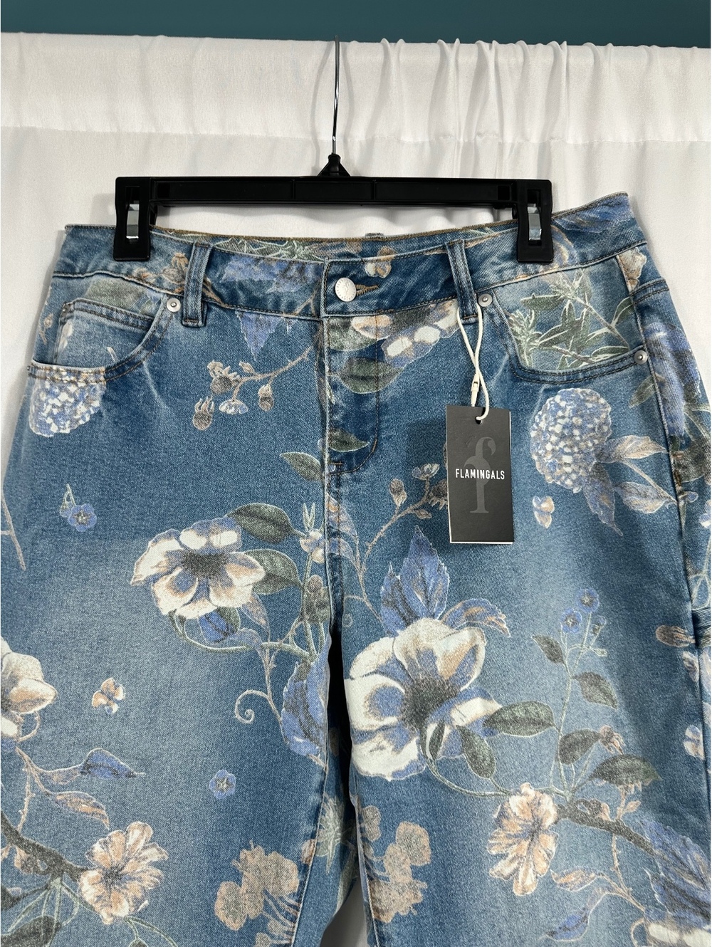 Flamingals Women's Floral Print Denim Carpenter Pants Size Large - Picture 3 of 10